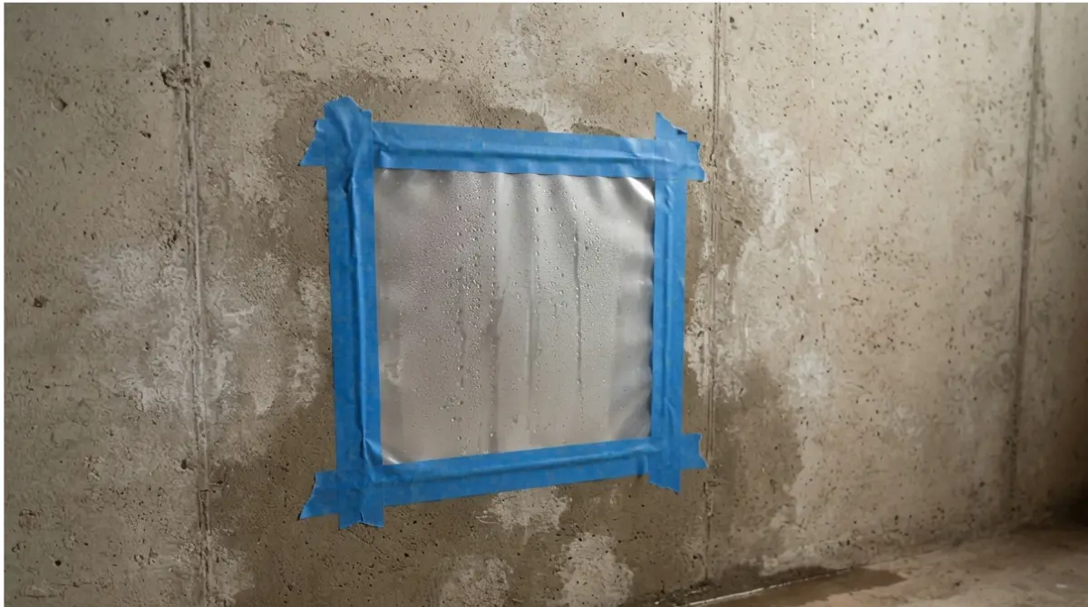 Foil tape test on a damp basement wall to help decide between waterproofing and foundation repair