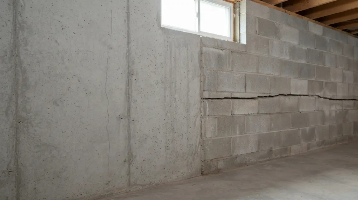 Foundation Crack comparison showing a thin vertical crack and a wider horizontal crack in a basement wall