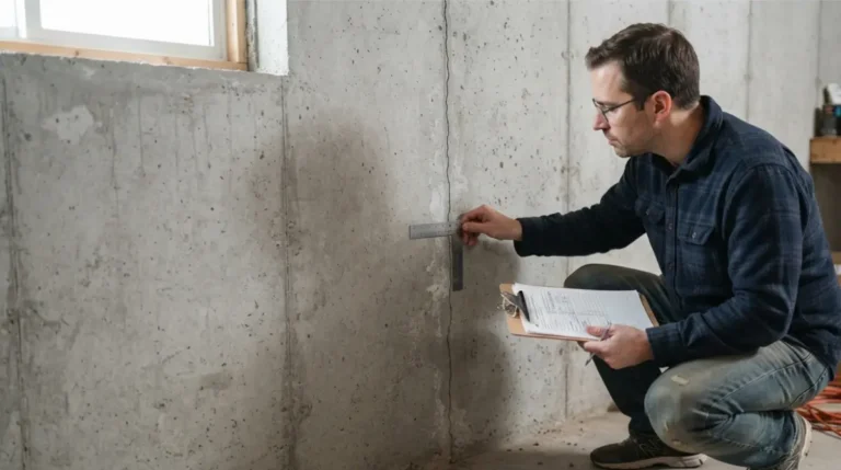 Homeowner inspecting a vertical Foundation Crack in a poured concrete basement wall with a ruler and clipboard