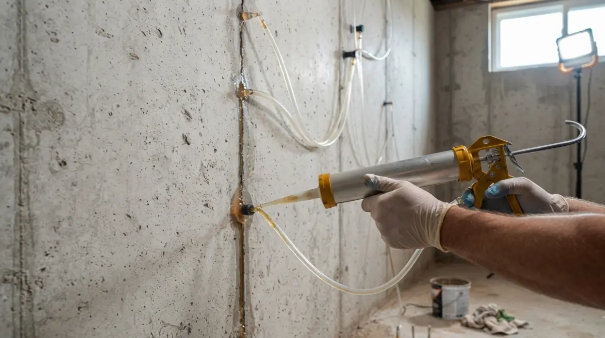 Contractor performing epoxy or polyurethane injection as part of foundation crack repair work for crack repair