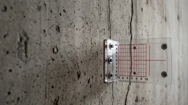Crack Monitor Gauge mounted across a vertical crack in a concrete foundation wall