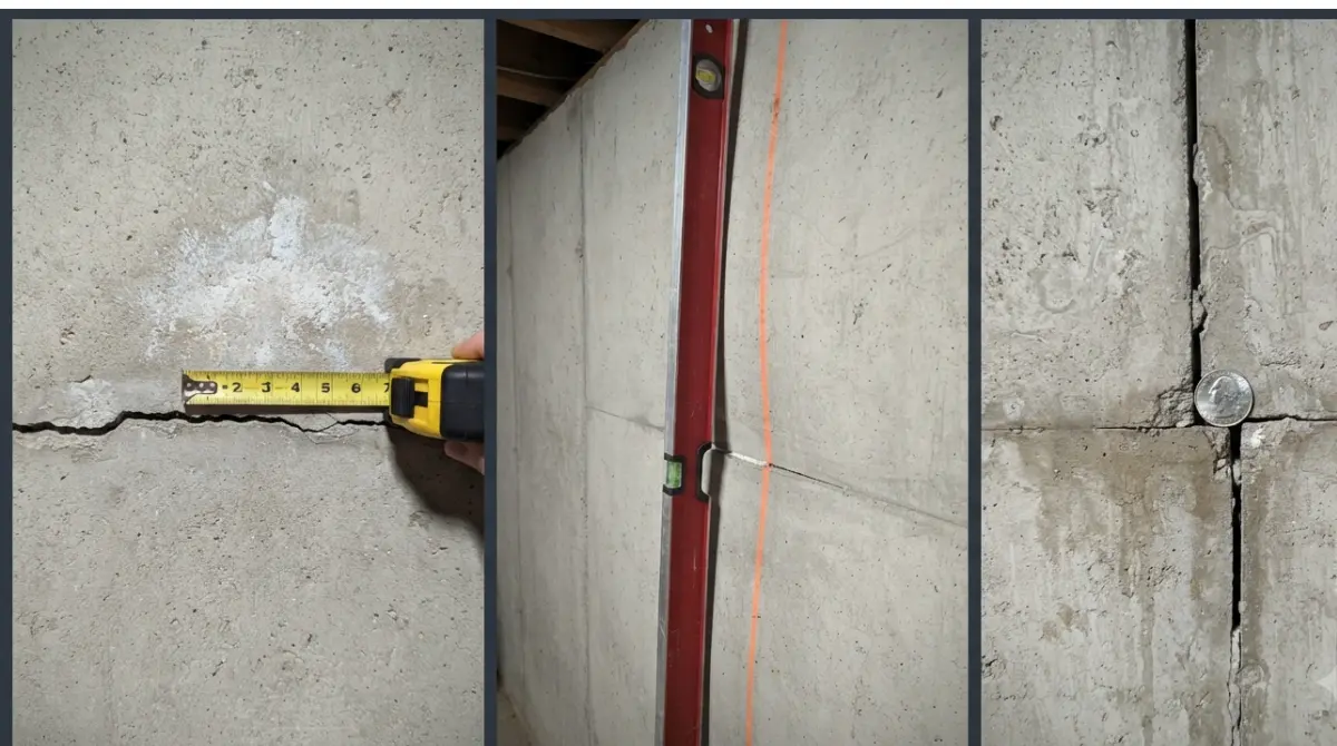 Side-by-side real basement photos showing horizontal, bowing, and offset Foundation Cracks that need an engineer