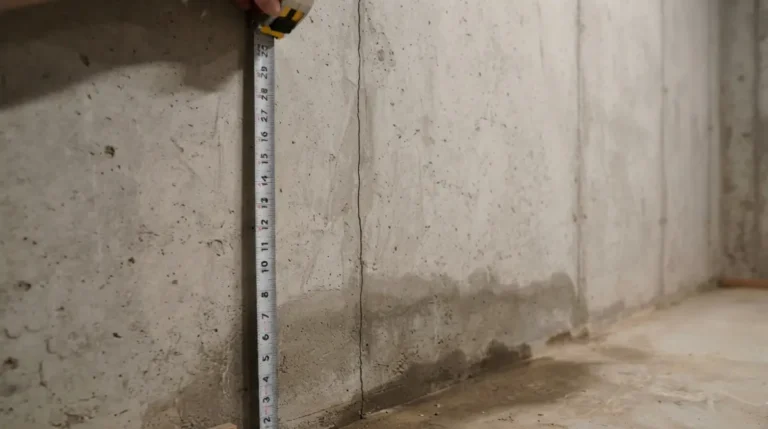 Vertical hairline foundation crack repair cost example with tape measure showing scale for crack repair