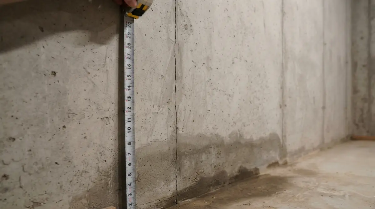 Vertical hairline foundation crack repair cost example with tape measure showing scale for crack repair