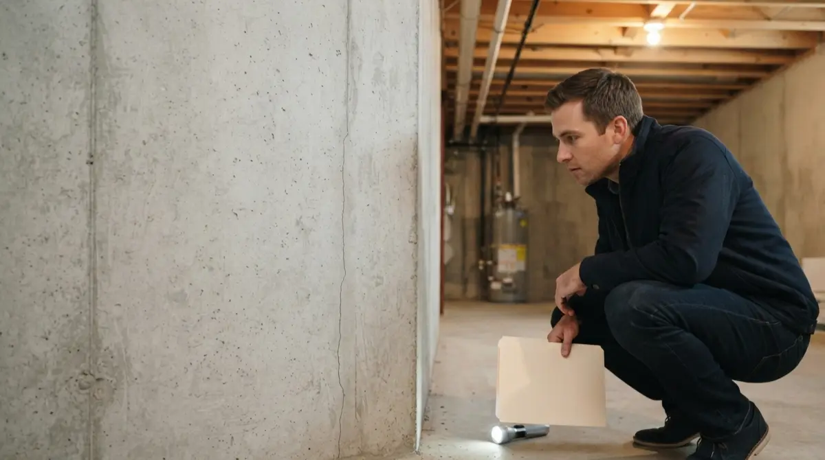 Buyer observing a small basement crack while looking for Foundation Problems