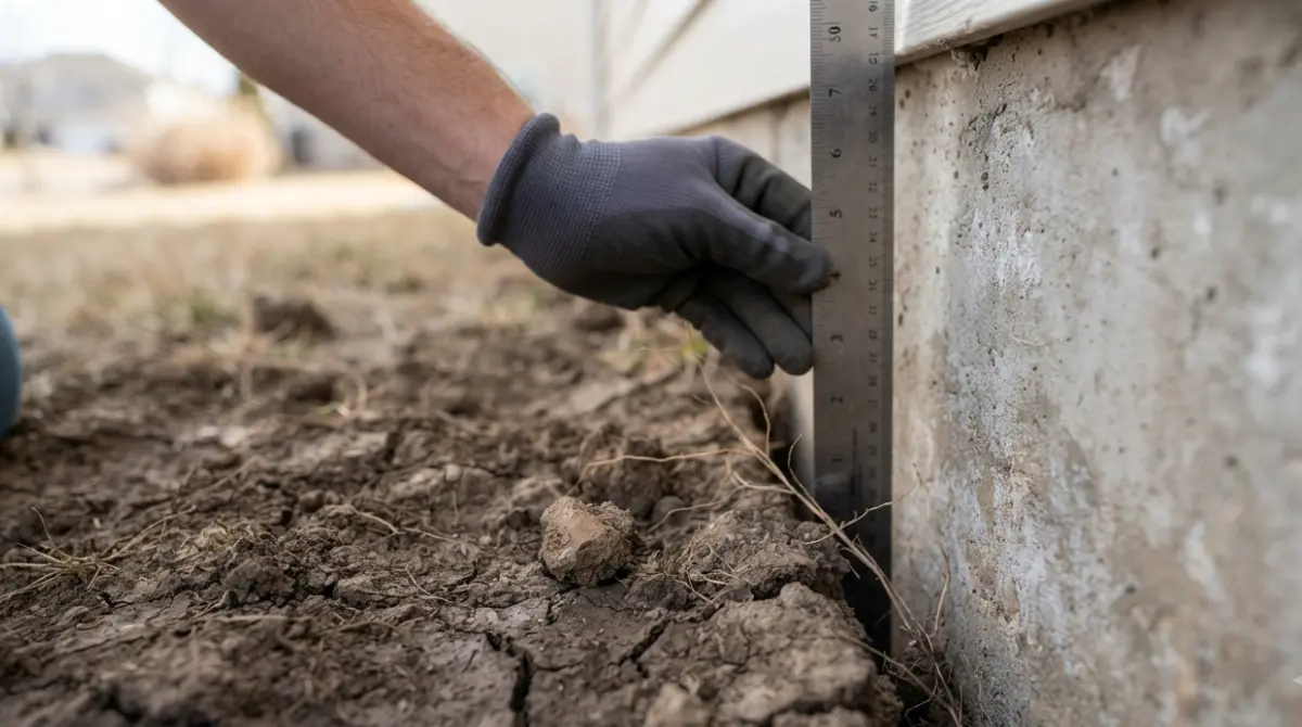 Foundation cracks inspection beside a ruler showing dry clay soil pulled from the wall.
