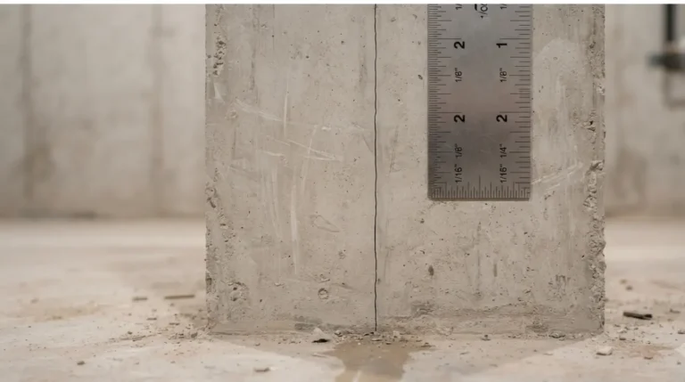 Thin vertical shrinkage Foundation Cracks on a new home basement wall with a ruler for scale