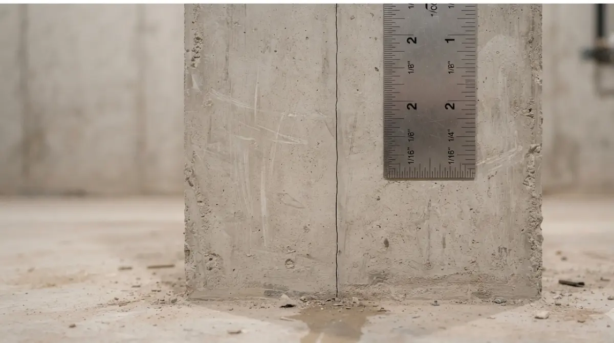 Thin vertical shrinkage Foundation Cracks on a new home basement wall with a ruler for scale