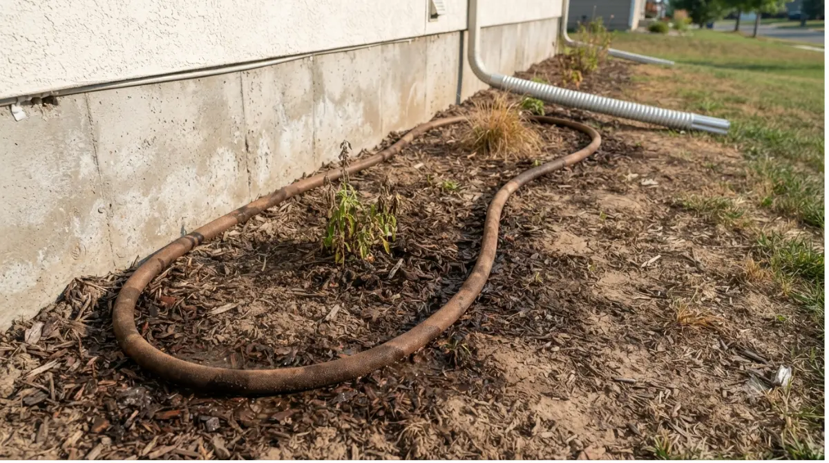 Foundation cracks prevention with a soaker hose placed away from the foundation wall.