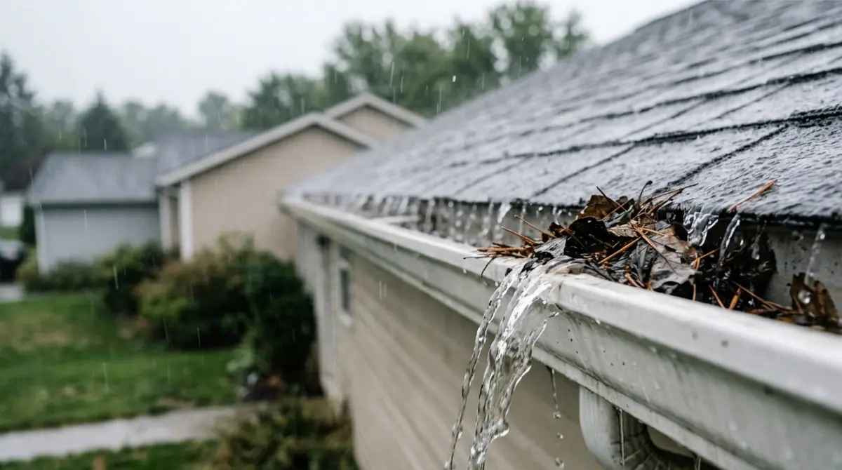 Clogged gutter overflowing during heavy rain, a common Foundation Drainage issue that sends roof water toward the house foundation