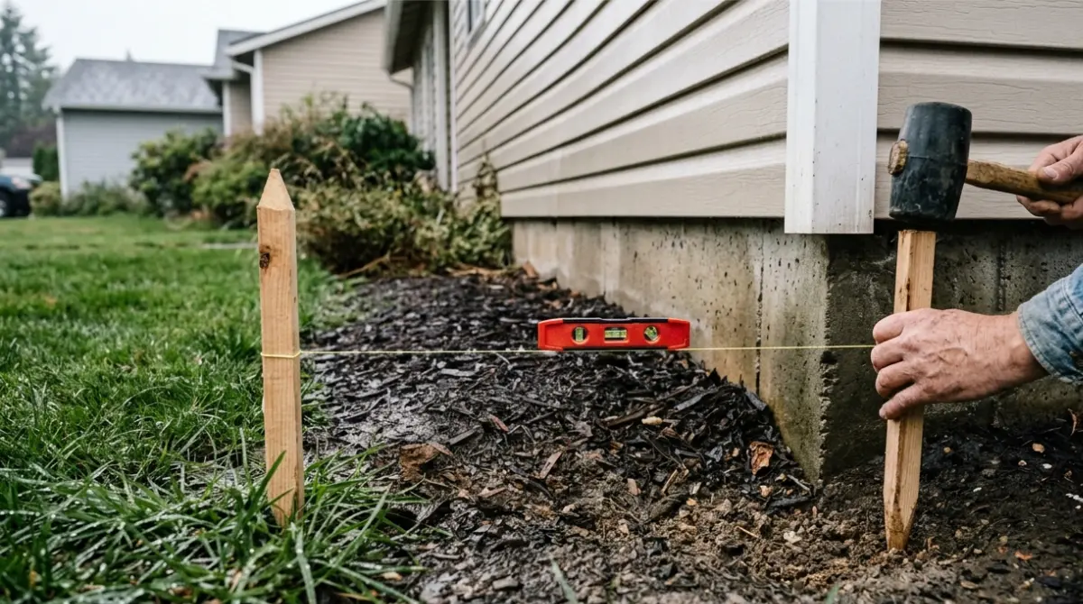Homeowner checking Foundation Drainage grade with stakes, string, and a level to measure a 6-inch slope away from the foundation over 10 feet