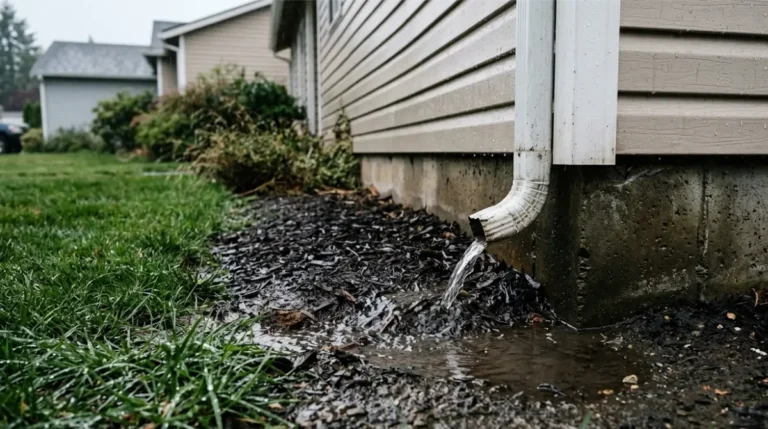 Foundation Drainage problem shown by water pooling beside a house foundation after rain because a downspout discharges too close to the wall