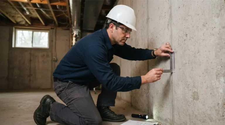 Foundation Inspection: structural engineer measuring a crack in a basement foundation wall