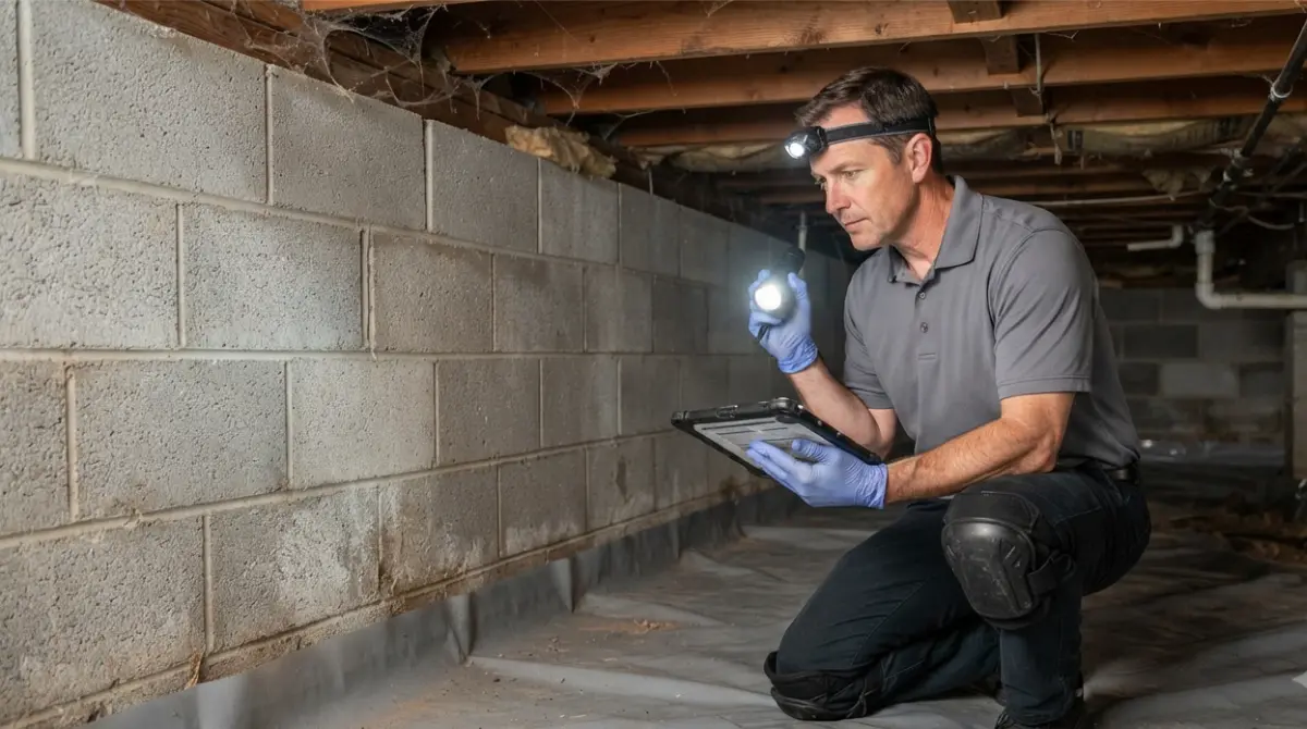 Foundation Inspection: home inspector checking a crawl-space foundation with a flashlight and tablet