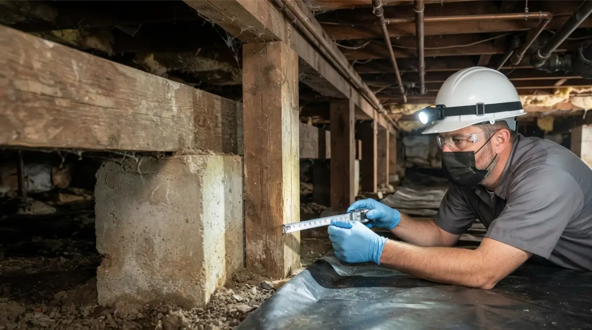 Foundation Inspection: inspector examining concrete piers and wooden supports in a crawl space