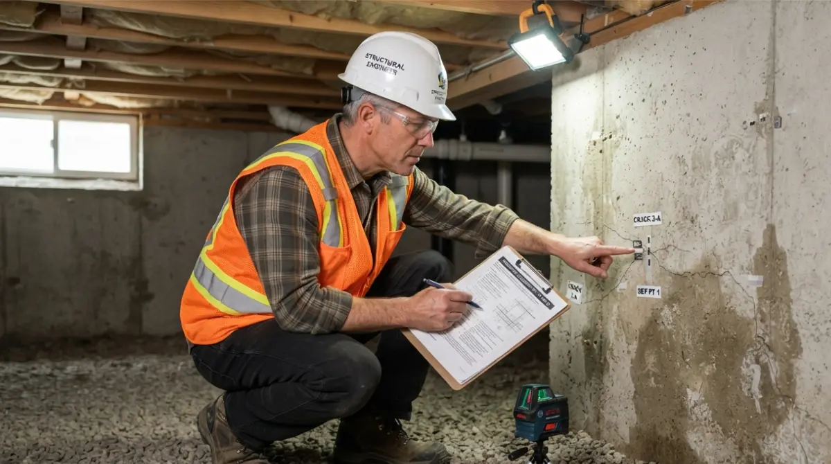 Foundation Repair Before Selling: licensed structural engineer inspecting home foundation