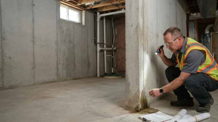 Foundation Repair Cost inspection showing a structural professional examining a cracked basement foundation wall