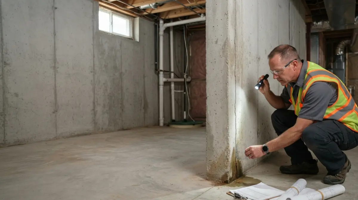 Foundation Repair Cost inspection showing a structural professional examining a cracked basement foundation wall