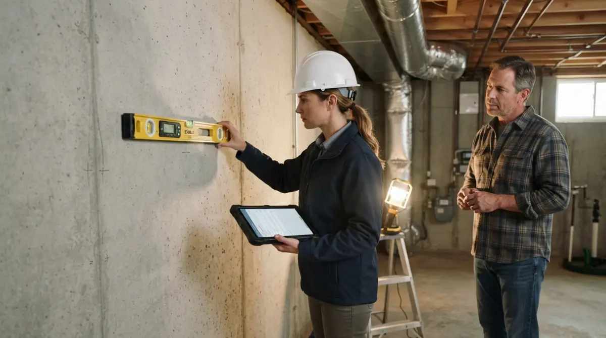 Foundation Repair Cost assessment with a structural engineer measuring a basement foundation wall