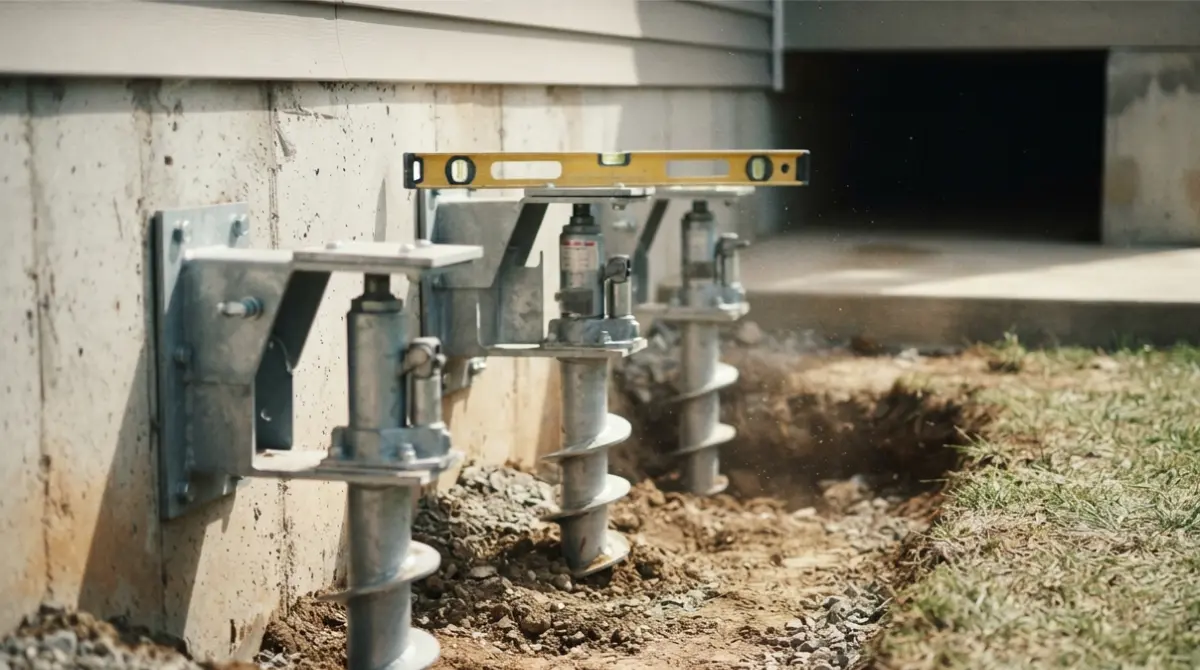 Close-up of installed steel piers showing what a Foundation Repair Warranty typically covers.