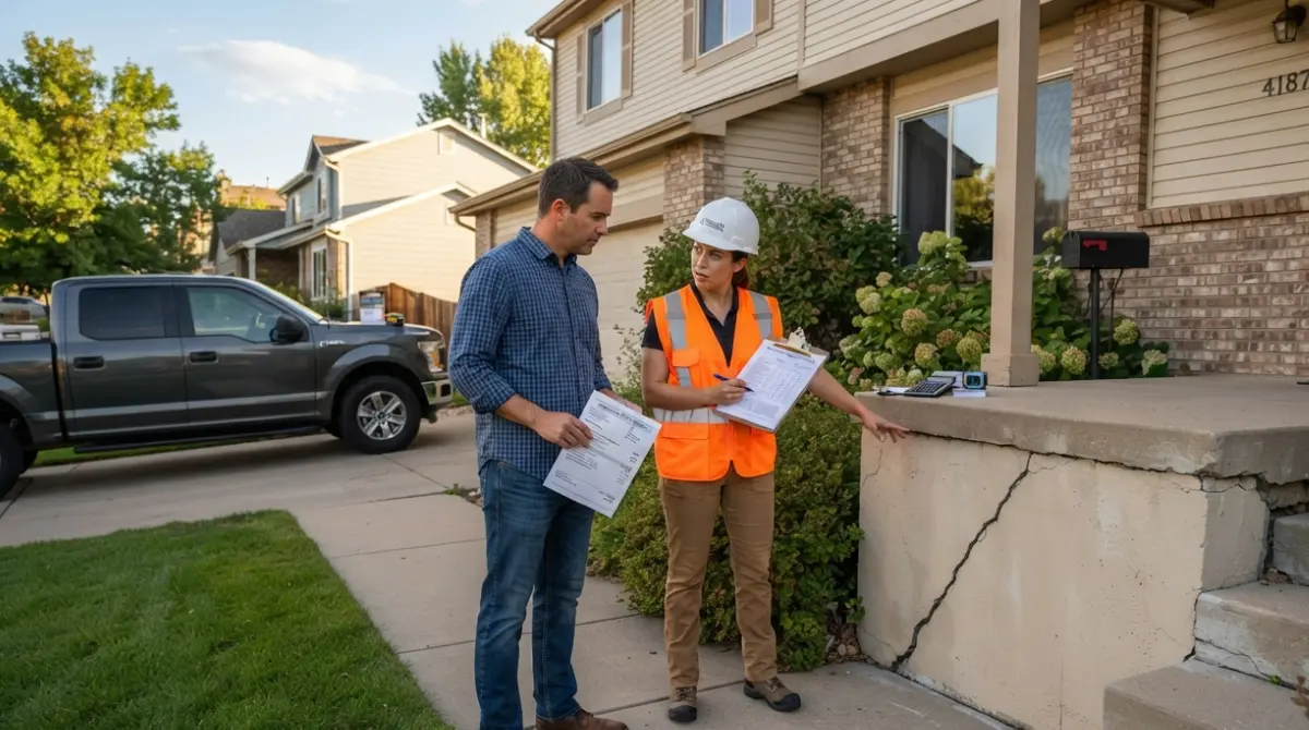 Homeowner reviewing foundation repair estimate and Financing options with a structural engineer