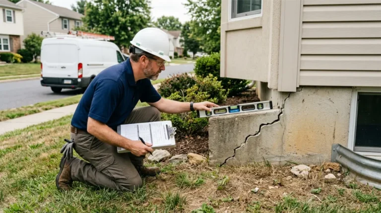 Structural engineer inspecting a settling house foundation before selecting the right Foundation Repair Method