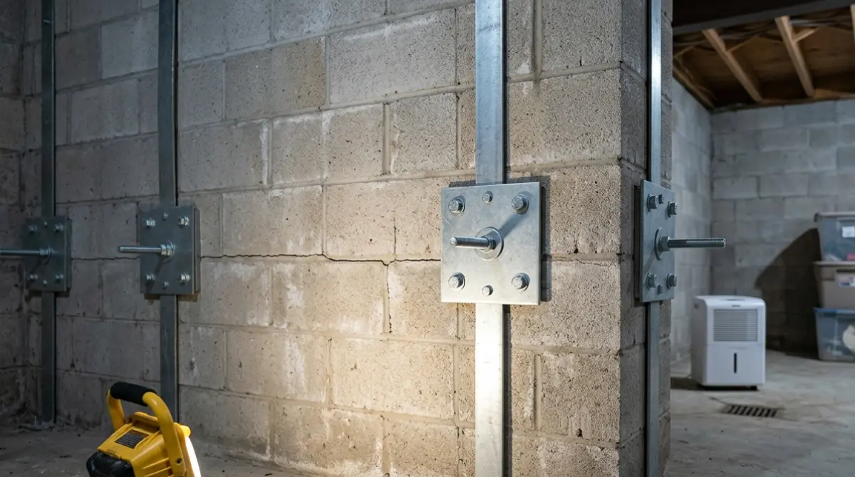 Wall anchor plates and steel straps stabilizing a bowing basement wall as a Foundation Repair Method