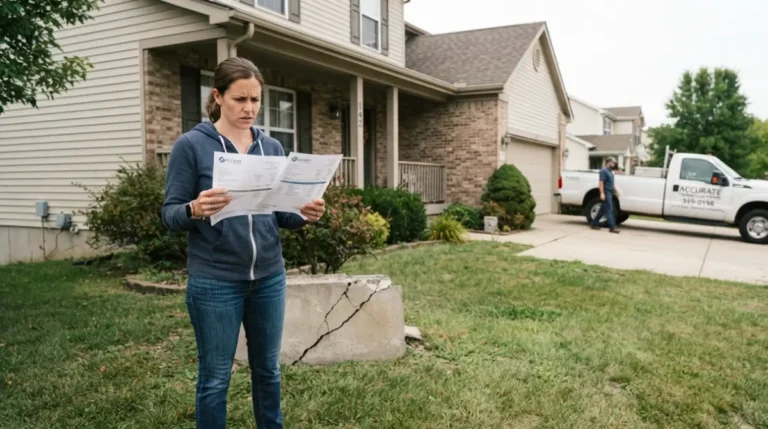 Confused homeowner comparing multiple Foundation Repair quotes outside a house with visible cracks