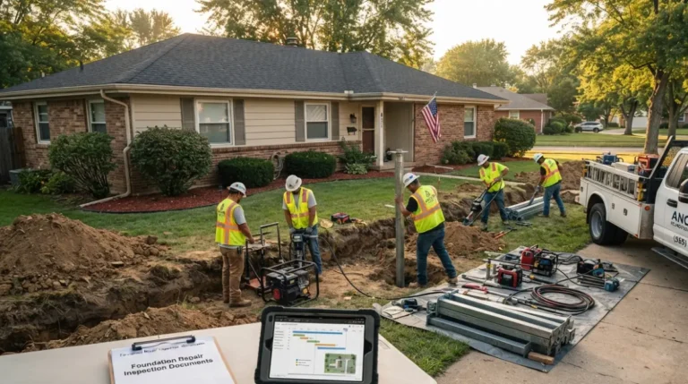 Foundation Repair crew installing steel piers around residential home showing complete timeline from inspection to completion
