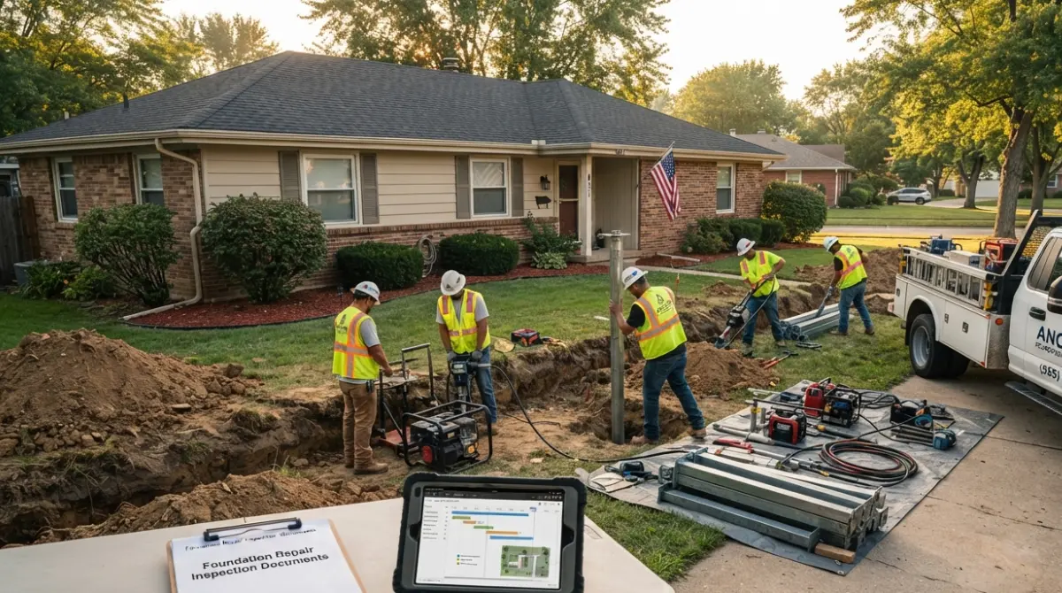 Foundation Repair crew installing steel piers around residential home showing complete timeline from inspection to completion