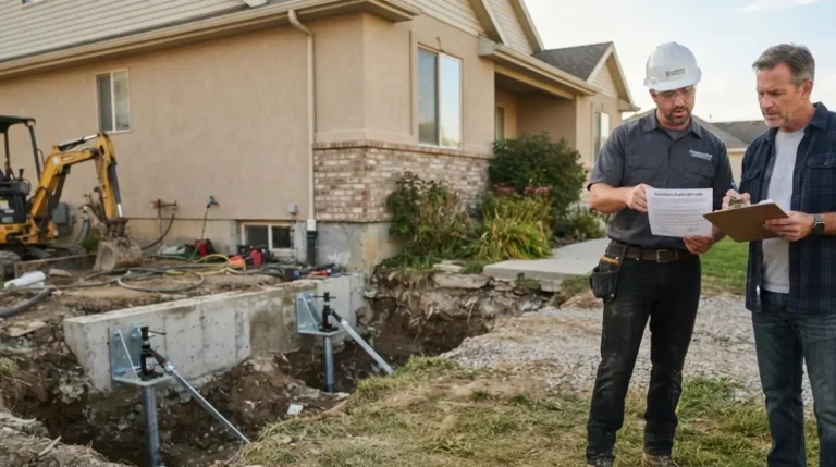 Homeowner reviewing a Foundation Repair Warranty document with a contractor next to a house with visible foundation piers.