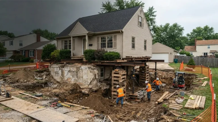 Foundation Replacement: house supported by hydraulic jacks during foundation replacement
