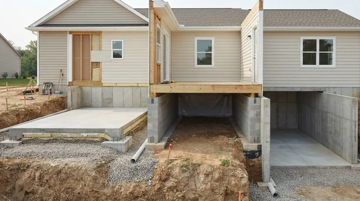 Foundation Replacement: slab, crawl-space, and basement foundation types shown in construction