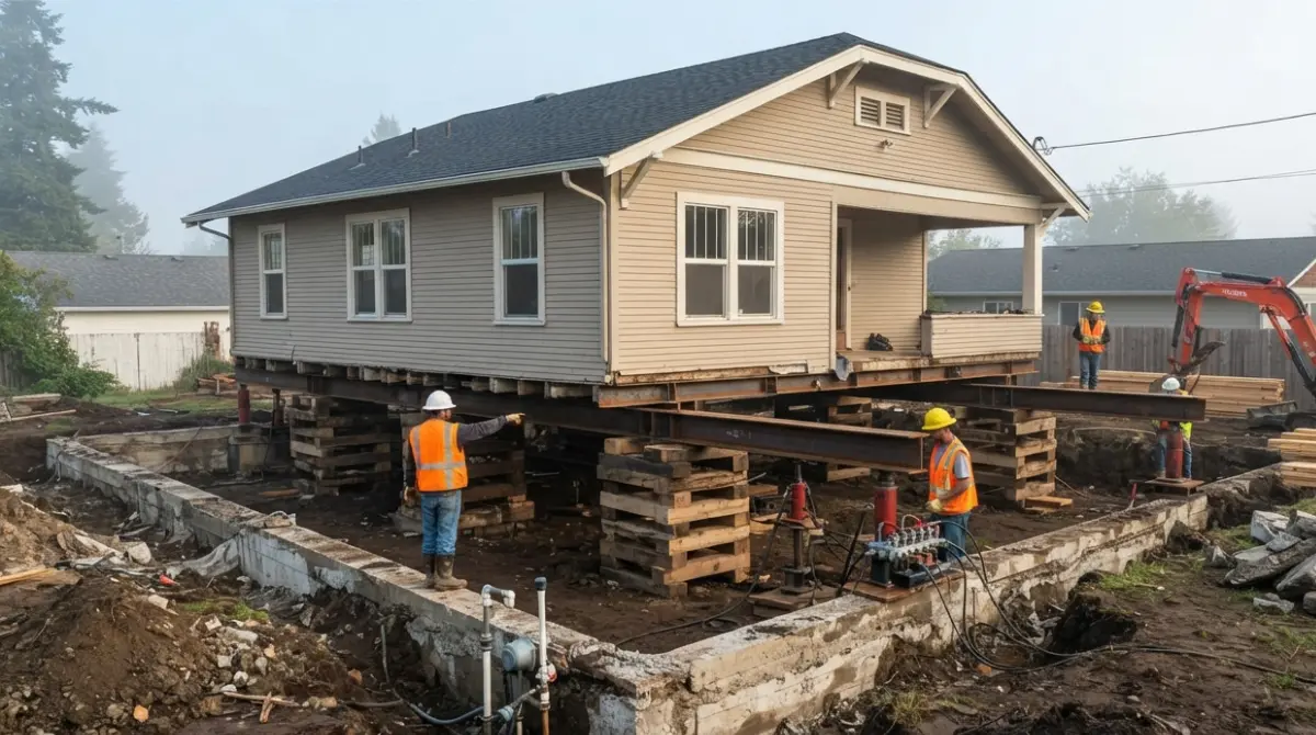 Foundation Replacement: workers securing a house with hydraulic jacks and steel supports