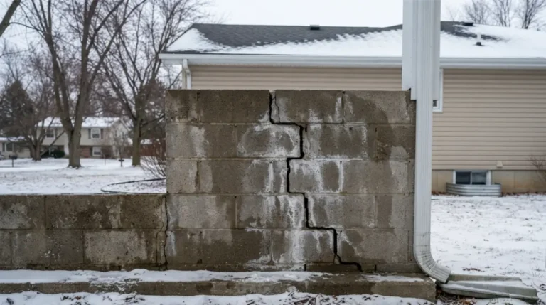 Real house foundation with visible crack in winter snow, showing frost heave damage to the foundation