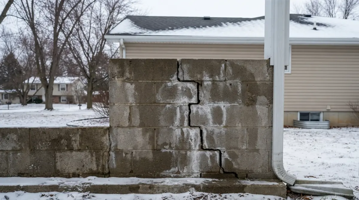 Real house foundation with visible crack in winter snow, showing frost heave damage to the foundation
