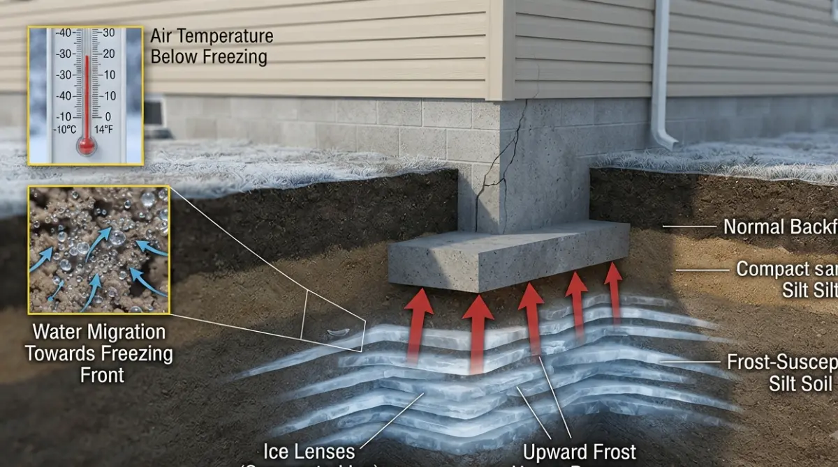 Cross-section diagram showing ice lenses forming under foundation footing during frost heave affecting the foundation