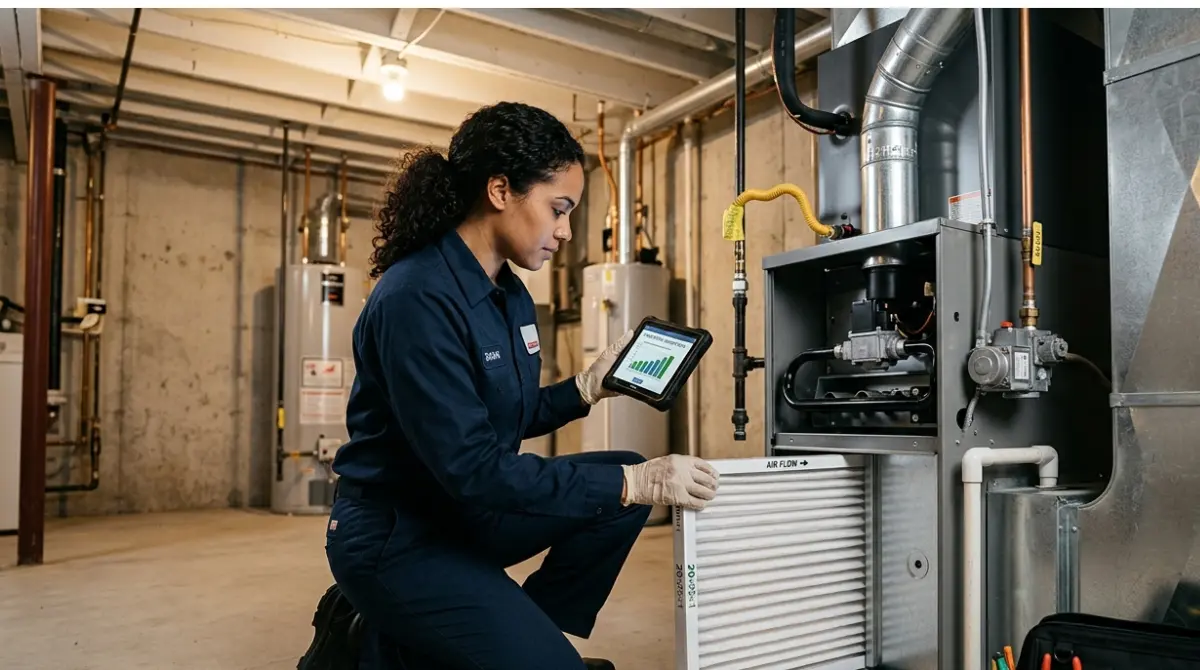 HVAC technician inspecting a furnace filter slot to determine whether high-MERV Furnace Filters are compatible