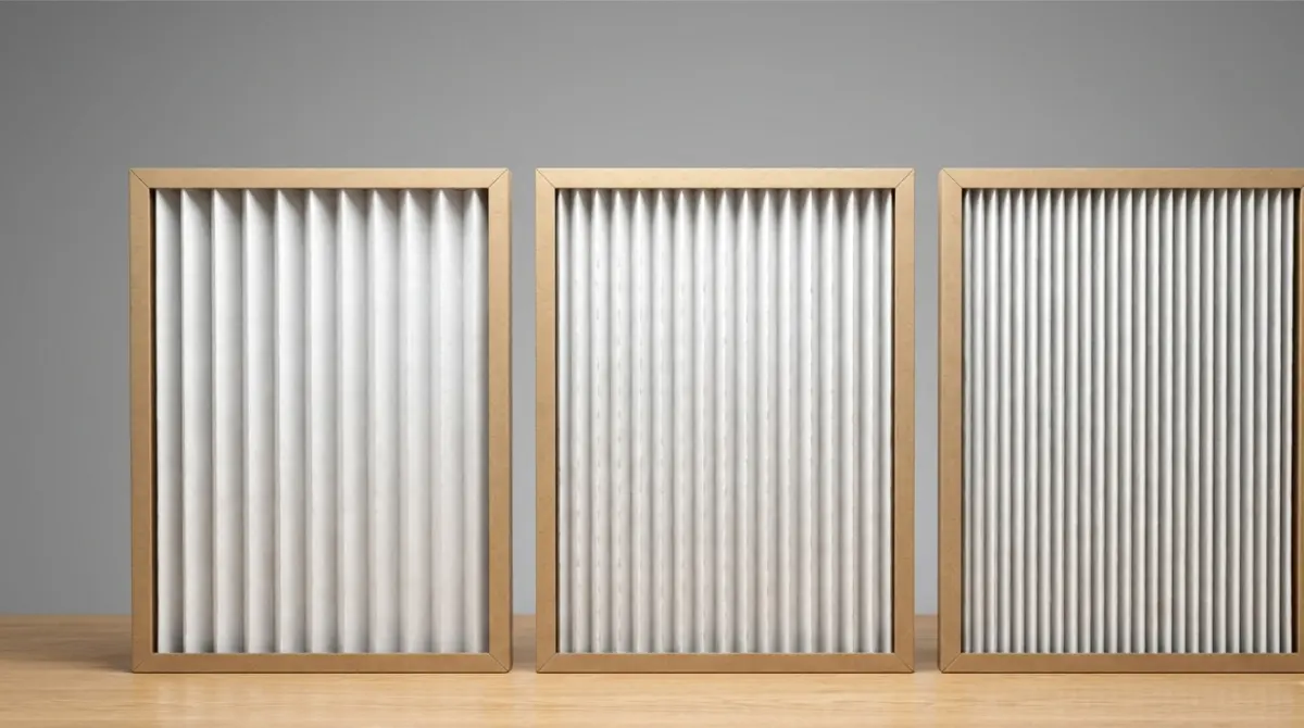 Three pleated Furnace Filters with different pleat densities representing MERV 8, MERV 11, and MERV 13 filtration levels
