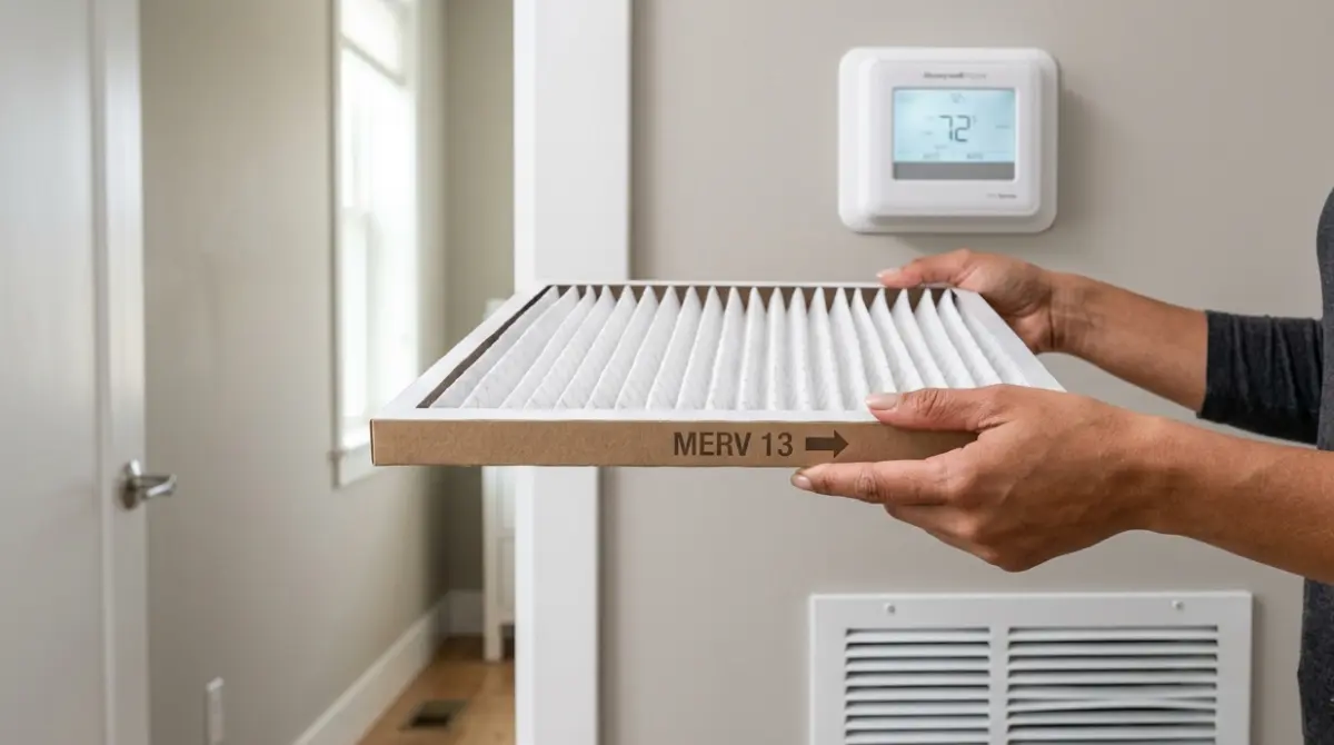Person holding a pleated MERV 13 furnace filter beside a home return-air grille, illustrating how to choose Furnace Filters