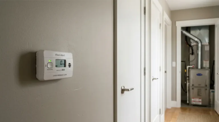 White CO Detector installed in a hallway outside bedrooms near a home gas furnace