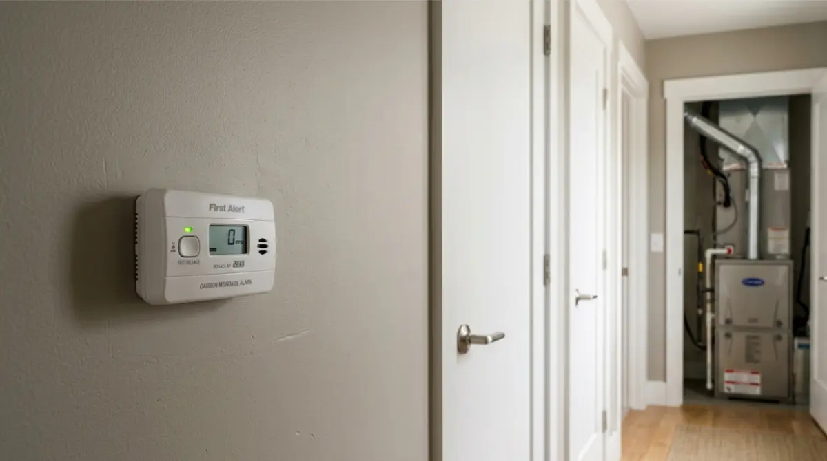 White CO Detector installed in a hallway outside bedrooms near a home gas furnace