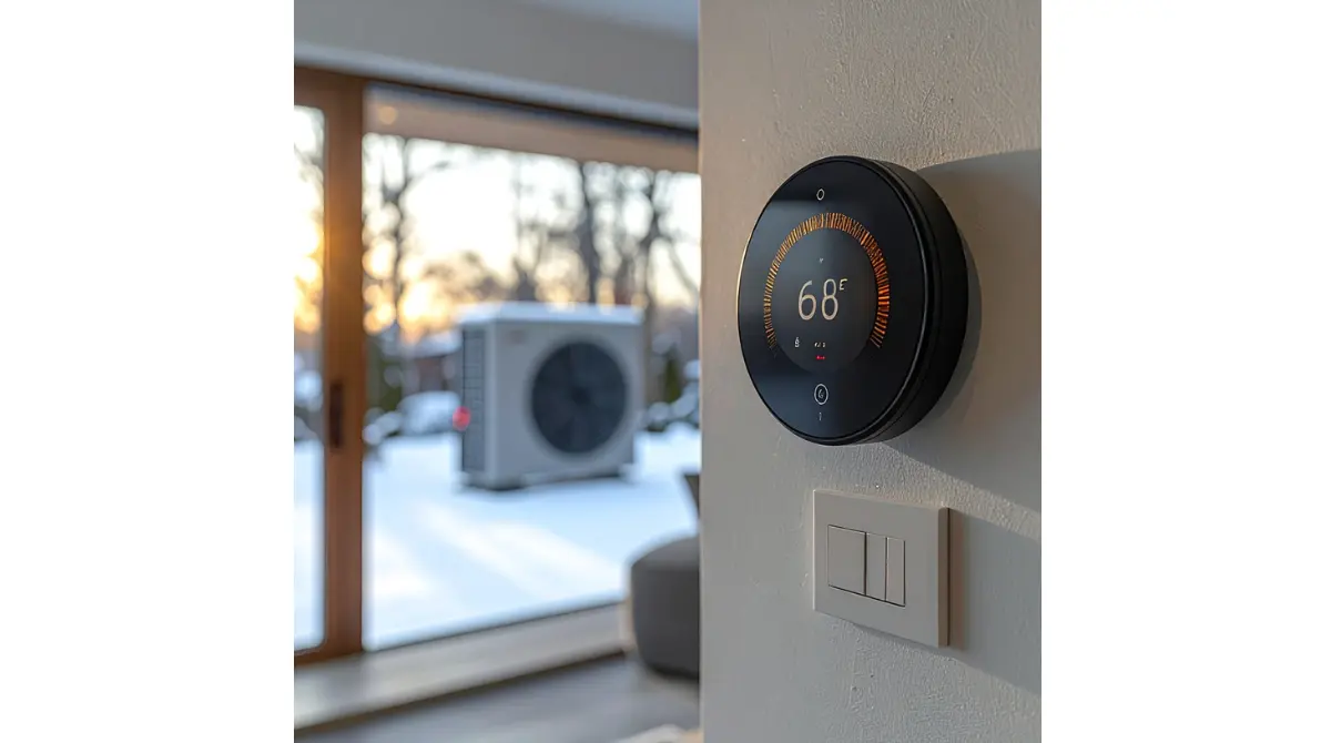Smart Thermostat mounted on a home wall with a heat pump condenser visible through the window