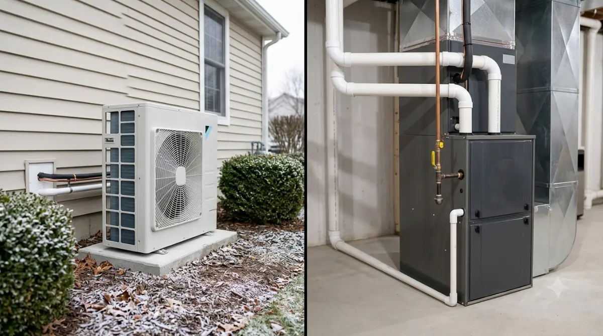 "Pump vs Furnace cost comparison hero image showing a modern outdoor heat pump and a high-efficiency gas furnace side by side in a residential setting."