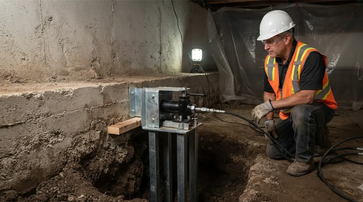 Helical piers being screwed into soil beneath a residential foundation