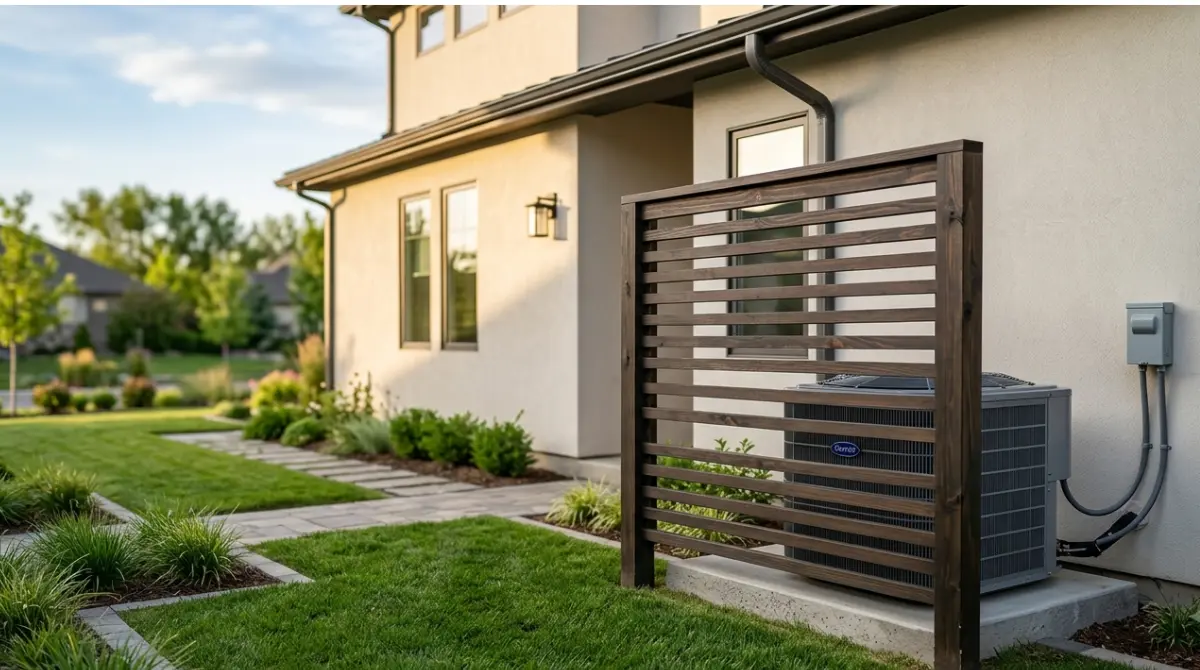 Outdoor AC Unit partially hidden by an open wooden lattice screen with clear space above and around it