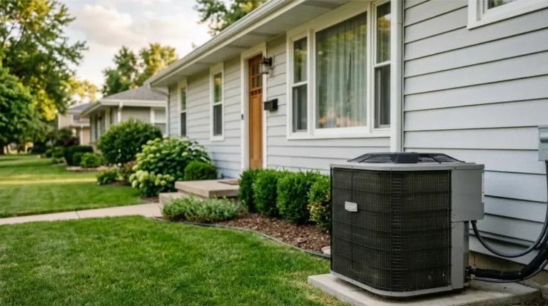 Modern home exterior with an outdoor HVAC heat pump unit installed beside the house.