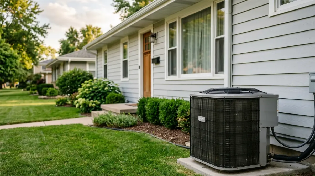 Modern home exterior with an outdoor HVAC heat pump unit installed beside the house.