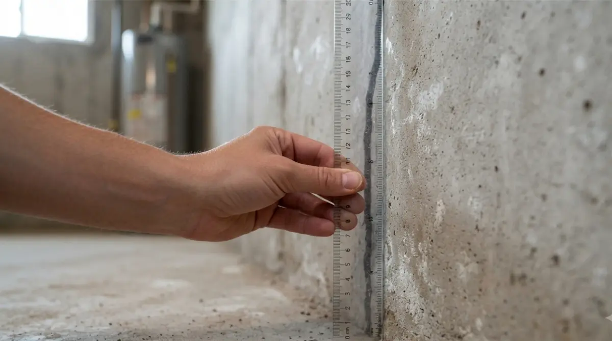 Homeowner measuring width of vertical foundation crack with ruler for frost heave foundation documentation