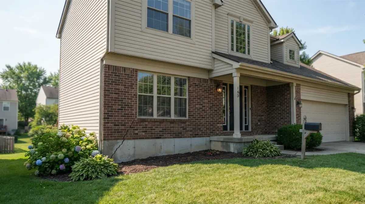 Suburban home with visible foundation crack illustrating Home Insurance coverage question